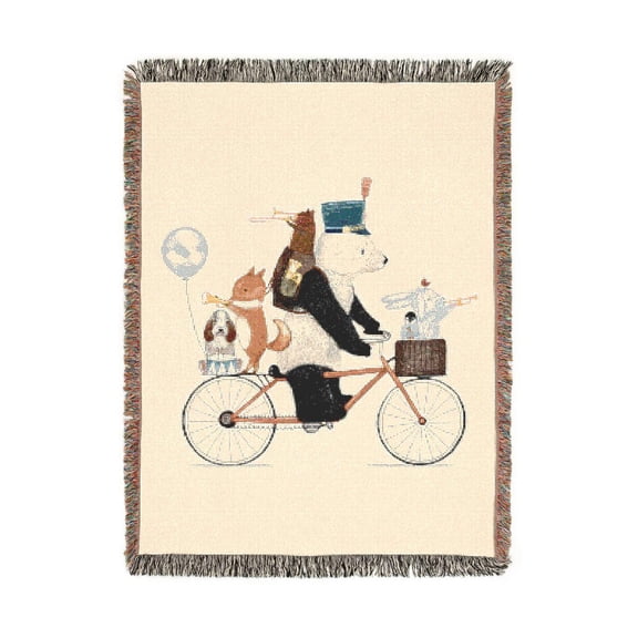 Animal Bicycle Parade in Ivory, Black, Orange and Blue Woven Blanket, 100% Cotton, Whimsical Living Room Accent
