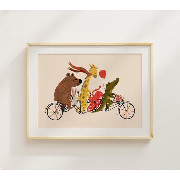 Animal Bike Parade Print: Whimsical Nursery Wall Art, Animal Home Decor Canvas Print