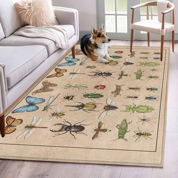 Animal Biographies Area Rug 4'x6', Retro Country Dragonfly Butterflies Brown Washable Non-Slip Rugs, Low Pile Large Carpet for Living Room Bedroom Dining Room Kitchen Office Indoor Mat