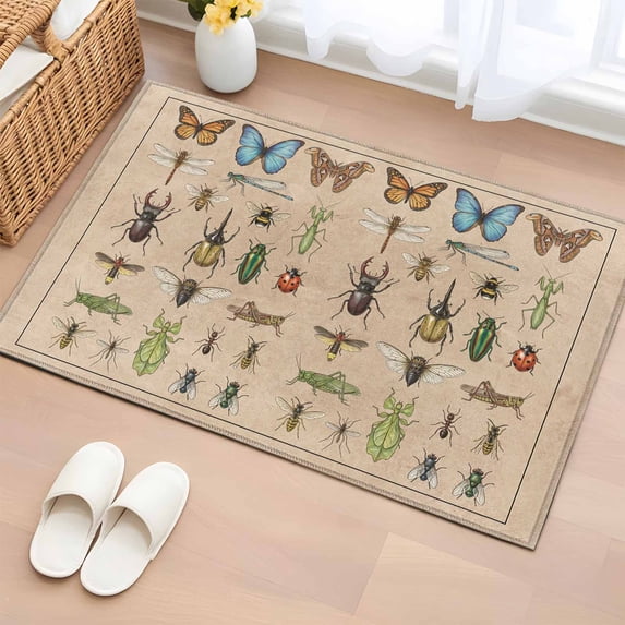 Animal Biographies Bathroom Rug Washable 2x3 Entryway Rug Non Slip Retro Country Dragonfly Butterflies Brown Front Door Mat Low Pile Indoor Doormat Throw Floor Carpet for Kitchen Bedroom Entrance