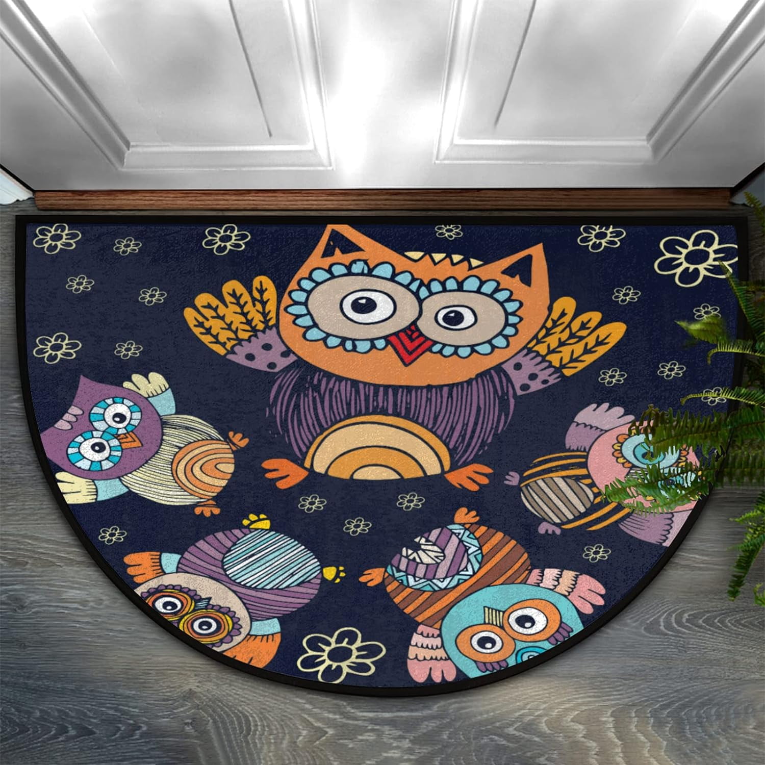 Animal Bird Owl Tree Moon Half Round Door Mat Bath Mat Half Circle Area