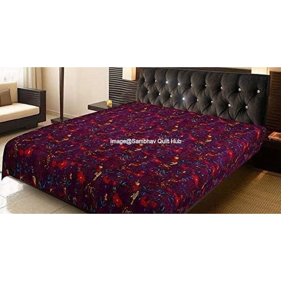 Animal Bird Reversible Bedspread Pattern Gudri Pure Cotton Kantha Style Twin Size Quilt Bed Spread Floral & Bird Print Decorative Kantha Stitch Quilt