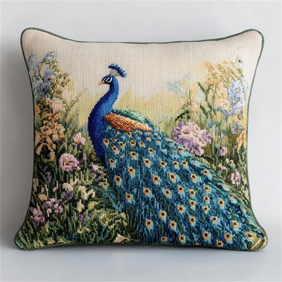 Animal Bird Stamped Cross-Stitch Pillow Kit,Flower Peacock,Cushion Needlework Kit with Embroidery Pattern on Cotton Canvas Holiday,Gift Kits 17*17 in