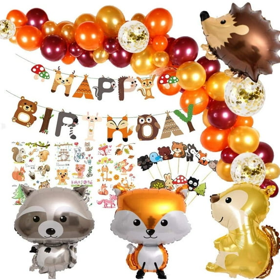 Animal Birthday Party Decorations, Woodland Happy Birthday Banner Hedgehog, Squirrel, Fox, Raccoon Animal Balloon Garland & Arch Kit for Boy Girl Baby Shower Birthday Supplie