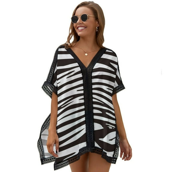 Animal Black And White Zebra Pattern Beach Cover Ups for Women Bathing Suit Cover Up Lace Bikini Swimsuit Coverup Beach Dress Shirt One Size