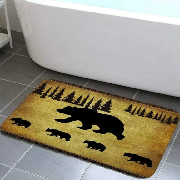 Animal Black Bear Design Bathroom Rug, Non Slip Bath Mat with Black Bear Forest Trees Rustic Cabin Bathroom Accessories Shower Mat Kitchen Rug, 17X29in