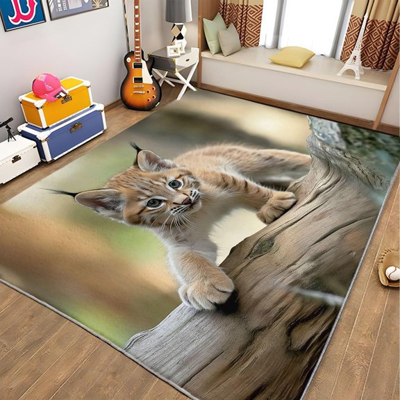 Animal Bobcat Area Rugs, Wildlife Carpet, Washable Non Slip Low Pile Soft Rug for Living Room Bedroom Office Home Decor Mat 3x5ft
