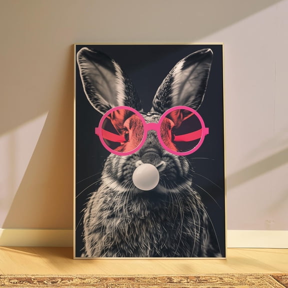 Animal Bubble Gum Poster, Rabbit Wall Art, Unframed Paper Poster 8x10in