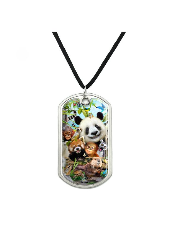 Animal Buddies Selfie Panda Polar Bear Sloth Lemur Toucan Military Dog Tag Pendant Necklace with Cord