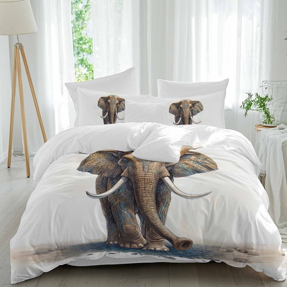 Animal California King Duvet Cover Set, Elephant Stone Ivory Ear Nose Retro Pattern 4 Piece Microfiber Bedding Set with Zipper Closure, Bed Sheet and 2 Pillow Shams, Soft Bedding Cover