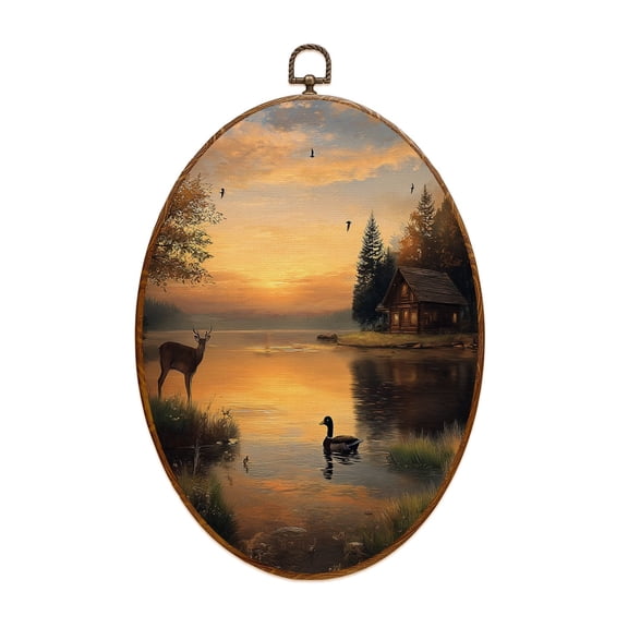 Animal Canvas Wall Art Animal Deer Vintage Wildlife Rustic Duck Cabin Sunset Lake Realistic Painting Oval Framed Canvas Prints Vintage Wall Hanging Decor for Home Decorations 8.6"x11.4"