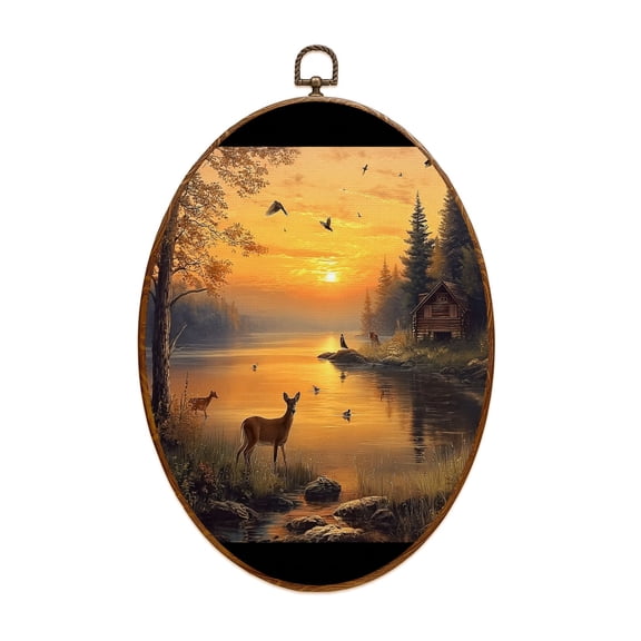 Animal Canvas Wall Art Animal Deer Vintage Wildlife Rustic Sunset Lake Log Cabin Birds Painting Oval Framed Canvas Prints Vintage Wall Hanging Decor for Home Decorations 8.6"x11.4"