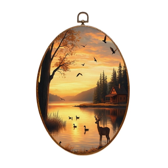 Animal Canvas Wall Art Animal Deer Vintage Wildlife Rustic Sunset Lake Log Cabin Birds Painting Oval Framed Canvas Prints Vintage Wall Hanging Decor for Home Decorations 8.6"x11.4"