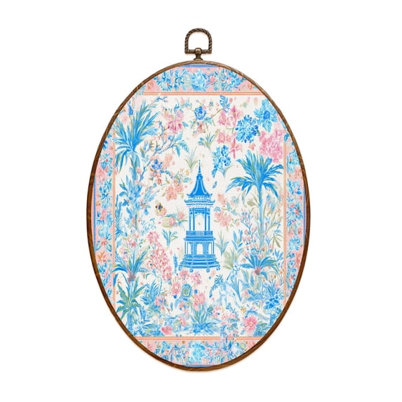 Animal Canvas Wall Art Blue Pink Oriental Garden Pagoda Animals Flora Oval Framed Canvas Prints Vintage Wall Hanging Decor for Home Decorations 8.6"x11.4"
