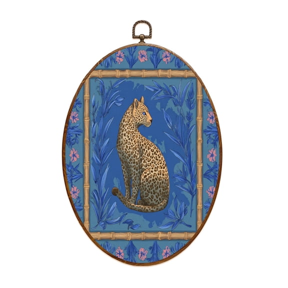 Animal Canvas Wall Art Leopard Blue Bamboo Frame Floral Oval Framed Canvas Prints Vintage Wall Hanging Decor for Home Decorations 8.6"x11.4"