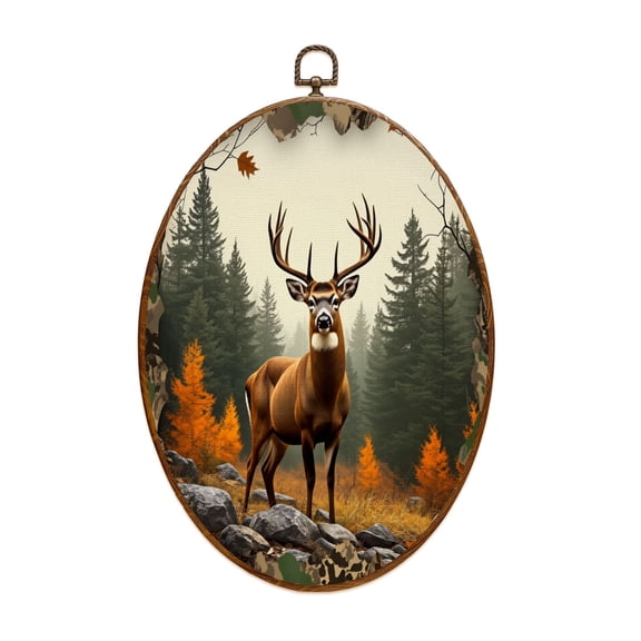 Animal Canvas Wall Art Majestic Buck Deer Fall Forest Autumn Leaves Greenery Oval Framed Canvas Prints Vintage Wall Hanging Decor for Home Decorations 8.6"x11.4"