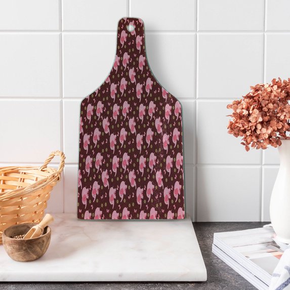 Animal Cartoon Cutting Board, and Butterflies Flowers Animal Composition, Decorative Tempered Glass Cutting and Serving Board, Wine Bottle Shape, Pale Pink Burgundy, by Ambesonne
