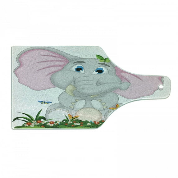 Animal Cartoon Cutting Board, Friendly Animal in Garden Daisies Butterflies Huge Ears, Decorative Tempered Glass Cutting and Serving Board, Wine Bottle Shape, Multicolor, by Ambesonne