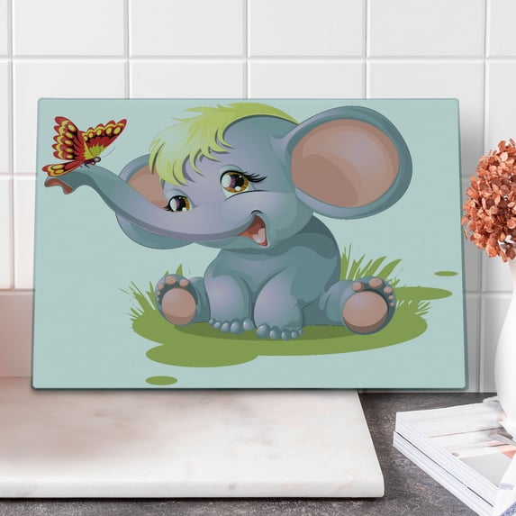 Animal Cartoon Cutting Board, Animal Funny Mascot Puppet Yellow Hair Fun Happiness Butterfly, Decorative Tempered Glass Cutting and Serving Board, Large Size, Multicolor, by Ambesonne
