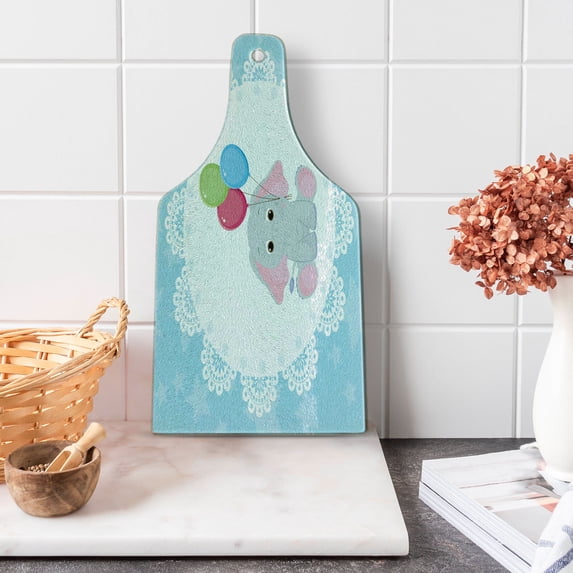 Animal Cartoon Cutting Board, Stars with Ornate Motifs Animal in Circle Holding Balloons, Decorative Tempered Glass Cutting and Serving Board, Wine Bottle Shape, Multicolor, by Ambesonne