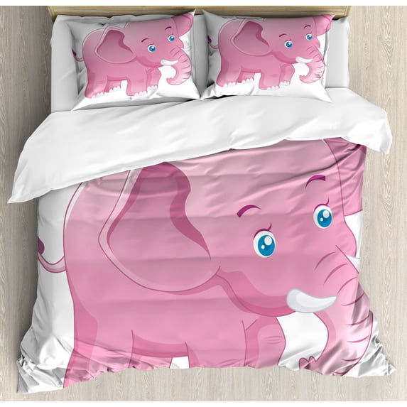 Animal Cartoon Duvet Cover Set, Comic Savannah Animals as with Tusks Mammal Savannah Zoo Funny Print, Decorative 3 Piece Bedding Set with 2 Pillow Shams, King Size, White and Pink, by Ambesonne