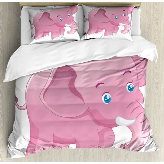 Animal Cartoon Duvet Cover Set, Comic Savannah Animals as with Tusks Mammal Savannah Zoo Funny Print, Decorative 3 Piece Bedding Set with 2 Pillow Shams, Calking Size, White and Pink, by Ambesonne