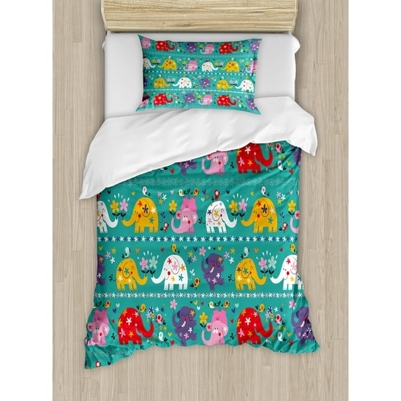 Animal Cartoon Duvet Cover Set, Joyful Pattern Colorful Animals Happy Flowers Funny Nature, Decorative 2 Piece Bedding Set with 1 Pillow Shams, Twin Size, Multicolor, by Ambesonne