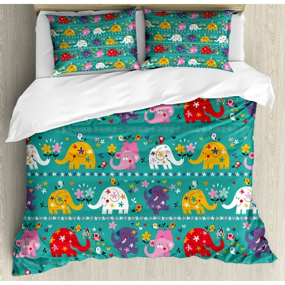 Animal Cartoon Duvet Cover Set, Joyful Pattern Colorful Animals Happy Flowers Funny Nature, Decorative 3 Piece Bedding Set with 2 Pillow Shams, Queen Size, Multicolor, by Ambesonne
