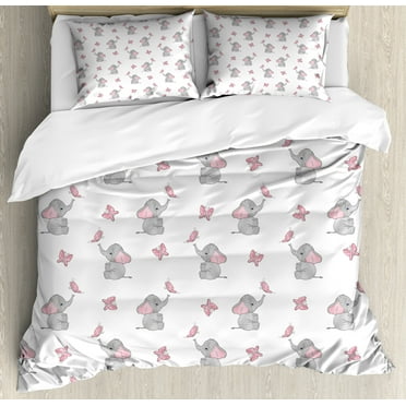 Animal Cartoon Duvet Cover Set, Playing Butterflies Design Pattern, Decorative 3 Piece Bedding Set with 2 Pillow Shams, Calking Size, Pale Pink White Grey, by Ambesonne