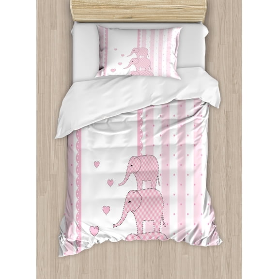 Animal Cartoon Duvet Cover Set, Vertical Striped Backdrop Animals Hearts Retro Style Design, Decorative 2 Piece Bedding Set with 1 Pillow Shams, Twin Size, Pale Pink White, by Ambesonne