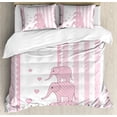 thumbnail image 1 of Animal Cartoon Duvet Cover Set, Vertical Striped Backdrop Animals Hearts Retro Style Design, Decorative 3 Piece Bedding Set with 2 Pillow Shams, Queen Size, Pale Pink White, by Ambesonne, 1 of 3