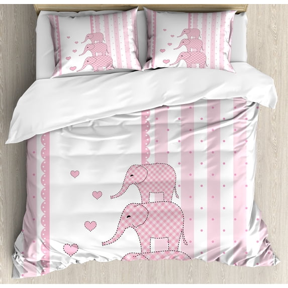 Animal Cartoon Duvet Cover Set, Vertical Striped Backdrop Animals Hearts Retro Style Design, Decorative 3 Piece Bedding Set with 2 Pillow Shams, Queen Size, Pale Pink White, by Ambesonne