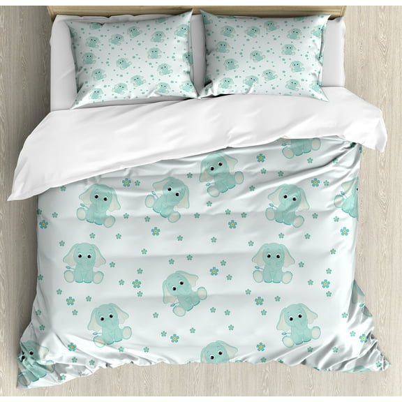 Animal Cartoon Duvet Cover Set, Young Agedin Spring Meadow Daisies Theme, Decorative 3 Piece Bedding Set with 2 Pillow Shams, Calking Size, Pale Blue Pale Blue, by Ambesonne