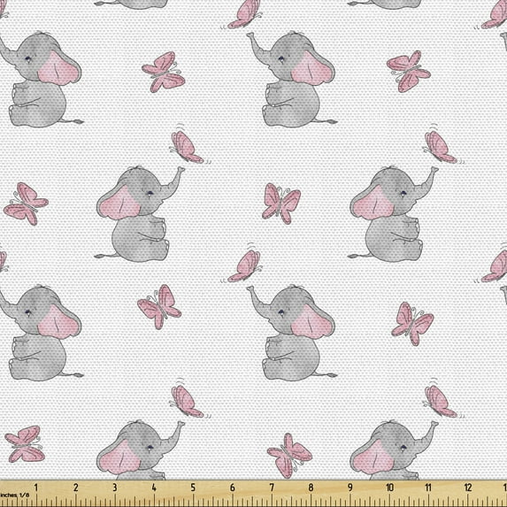 Ambesonne Animal Cartoon Fabric by the Yard Upholstery, Butterfly, 2 Yards, Pale Pink White Grey