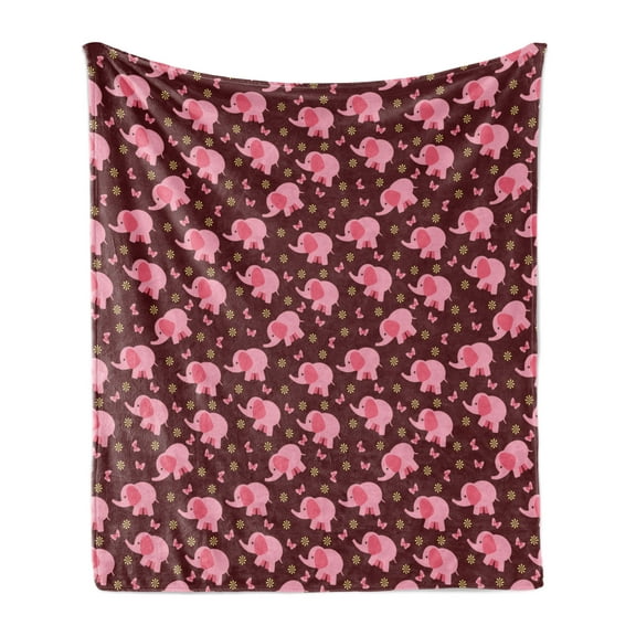 Animal Cartoon Soft Flannel Fleece Throw Blanket, Babyand Butterflies Flowers Animal Composition, Cozy Plush for Indoor and Outdoor Use, 50" x 70", Pale Pink Burgundy, by Ambesonne