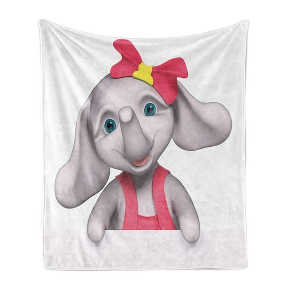 Animal Cartoon Soft Flannel Fleece Throw Blanket, Cheerful Baby Girl Smiling 3D Style Happy Print, Cozy Plush for Indoor and Outdoor Use, 50" x 60", Pink Grey Yellow, by Ambesonne