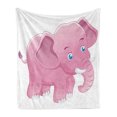 thumbnail image 1 of Animal Cartoon Soft Flannel Fleece Throw Blanket, Comic Safari Animals as Toddler with Tusks Mammal Savannah Zoo, Cozy Plush for Indoor and Outdoor Use, 60" x 80", Pink White, by Ambesonne, 1 of 5