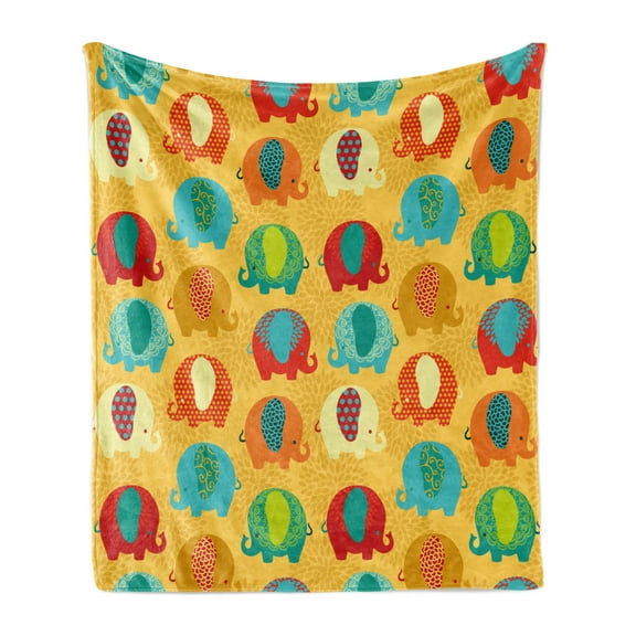 Animal Cartoon Soft Flannel Fleece Throw Blanket, Curvy Safari Animals Colorful Mandala East Inspired Folkloric Ornaments, Cozy Plush for Indoor and Outdoor Use, 50" x 70", Multicolor, by Ambesonne