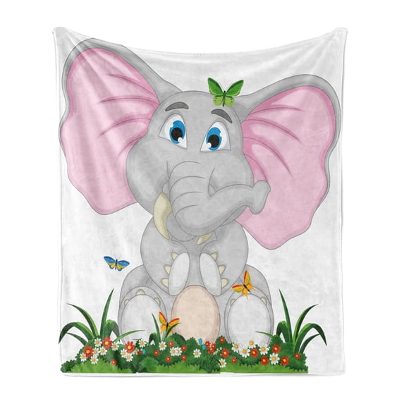 Animal Cartoon Soft Flannel Fleece Throw Blanket, Friendly Animal in Garden Daisies Butterflies Huge Ears, Cozy Plush for Indoor and Outdoor Use, 50" x 70", Multicolor, by Ambesonne
