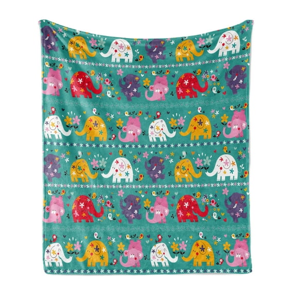 Animal Cartoon Soft Flannel Fleece Throw Blanket, Joyful Kids Pattern Colorful Animals Happy Flowers Funny Nature, Cozy Plush for Indoor and Outdoor Use, 70" x 90", Multicolor, by Ambesonne