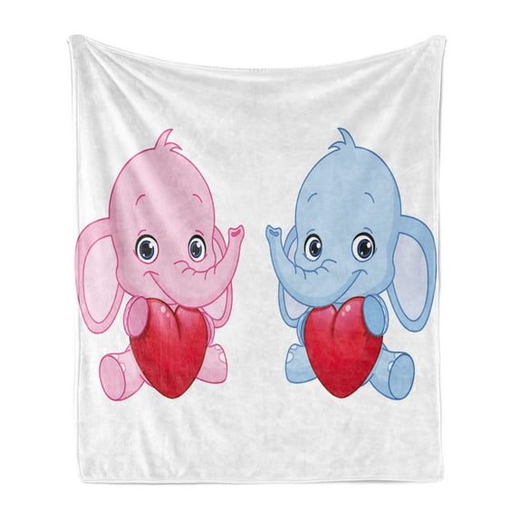 Animal Cartoon Soft Flannel Fleece Throw Blanket, Pink and Blue Kid InfantHolding Hearts Smiling Twins, Cozy Plush for Indoor and Outdoor Use, 70" x 90", Pale Pink Blue White, by Ambesonne