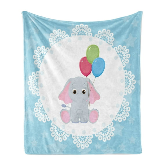 Animal Cartoon Soft Flannel Fleece Throw Blanket, Stars with Ornate Motifs Kid Animal in Circle Holding Balloons, Cozy Plush for Indoor and Outdoor Use, 60" x 80", Multicolor, by Ambesonne