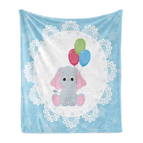 Animal Cartoon Soft Flannel Fleece Throw Blanket, Stars with Ornate Motifs Kid Animal in Circle Holding Balloons, Cozy Plush for Indoor and Outdoor Use, 70" x 90", Multicolor, by Ambesonne