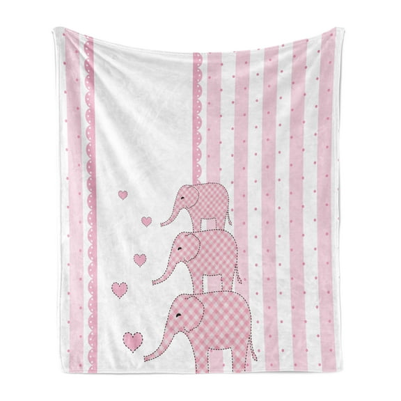 Animal Cartoon Soft Flannel Fleece Throw Blanket, Vertical Striped Backdrop Animals Hearts Retro Style Design, Cozy Plush for Indoor and Outdoor Use, 50" x 70", Pale Pink White, by Ambesonne