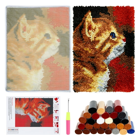 Animal Cat Style Latch Hook Rug Kit Pre Printed Bright Color Latch Carpet Making Kit for Adults Kids Beginners