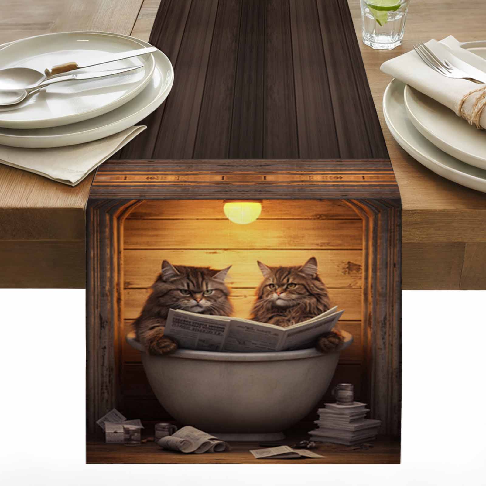 Animal Cat Table Runner 13x90 inch Kitten Newspaper Light Lamp Bathtub ...