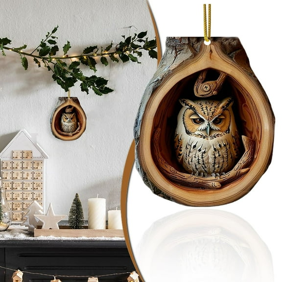 Animal Christmas Ornament,3D Flat Acrylic Owl Decoration,Forest Animal Decoration,Acrylic Hanging Woodland Pendant for Xmas Tree Decorations,Hanging Ornament Home Party Decor(A)