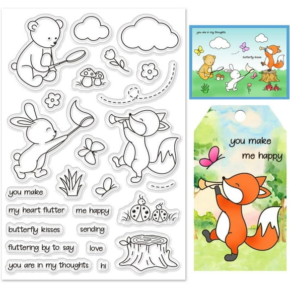 Animal Clear Stamps Card Making 6.3x4.3 Love Word Stamp Rabbit Silicone Clear Stamps Butterfly Rubber Stamp Fox Bear Transparent Stamps DIY Scrapbooking Album Paper Crafts Decor