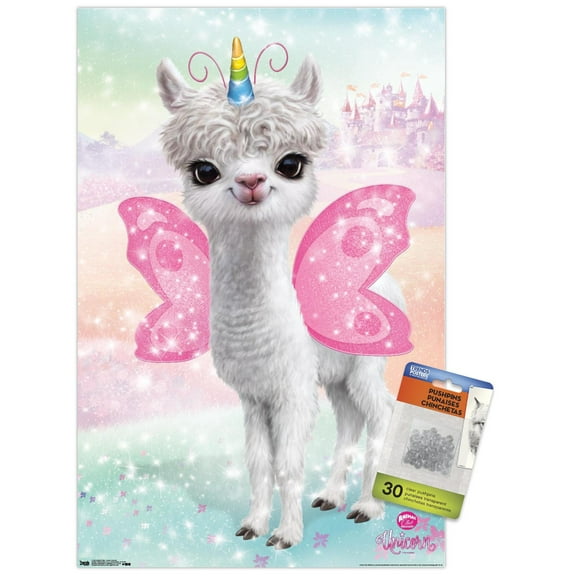 Animal Club - Lama Unicorn Wall Poster with Push Pins, 14.725" x 22.375"