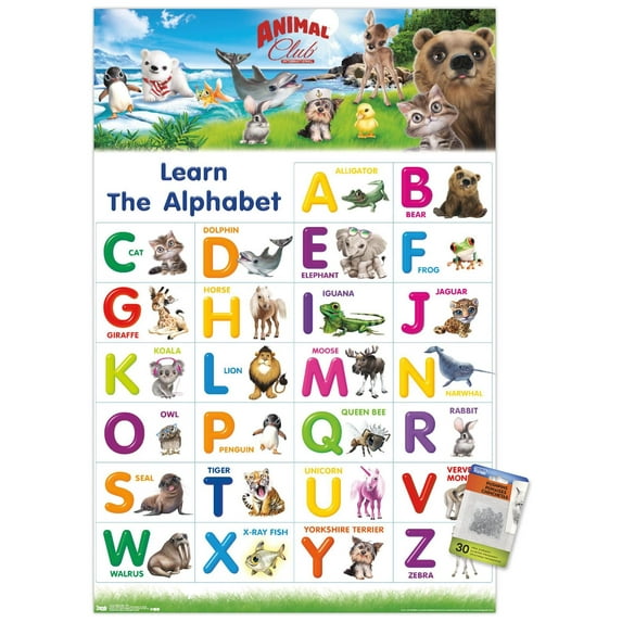 Animal Club - Letters ABC Wall Poster with Push Pins, 22.375" x 34"